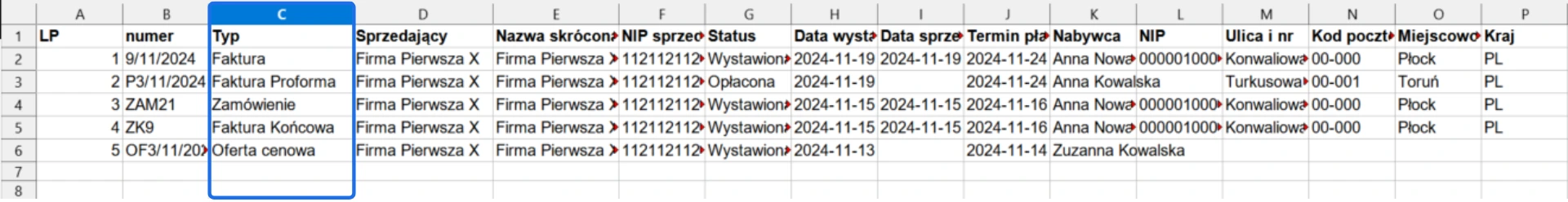 Tabela przedstawiająca różne typy dokumentów, takie jak faktury, zamówienia i oferty cenowe, z informacjami o sprzedawcy, nabywcy i transakcjach.