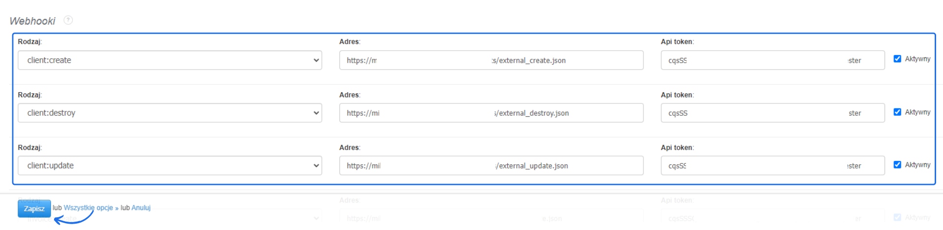 Ekran konfiguracji webhooków w aplikacji Fakturownia, z trzema typami webhooków: client:create, client:destroy, client:update oraz przyciskiem zapisz.