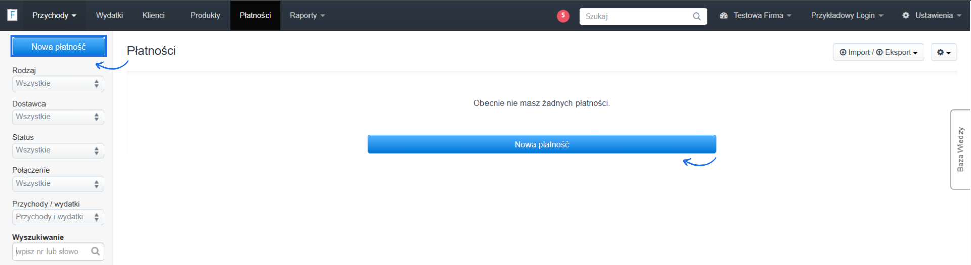 Zakładka z listą płatności tworzonych ręcznie lub importowanych na podstawie pliku z możliwością dodania nowej płatności za pomocą przycisku 'Nowa płatność'.