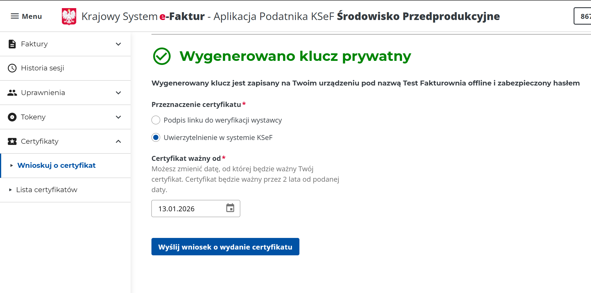 Wygenerowano klucz prywatny w Aplikacji Podatnika KSeF z przeznaczeniem do uwierzytelnienia w systemie oraz datą ważności od 13.01.2026.