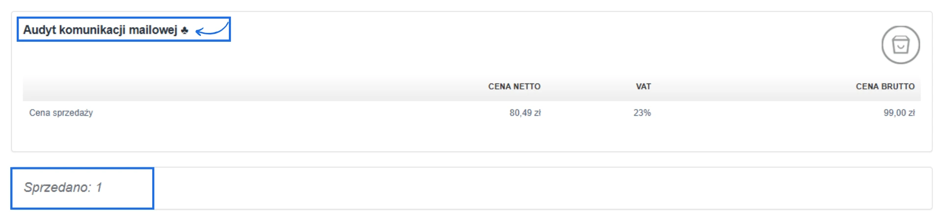 Karta produktu „Audyt komunikacji mailowej” — cena brutto 99 zł, sprzedano 1 sztukę, stawka VAT 23%.
