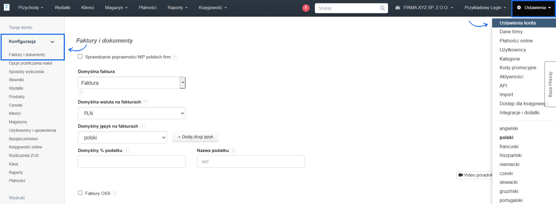 Ustawienia konta w systemie do fakturowania online z aktywną sekcją dotyczącą konfiguracji faktur i dokumentów m.in. domyślnego typu dokumentu czy waluty.