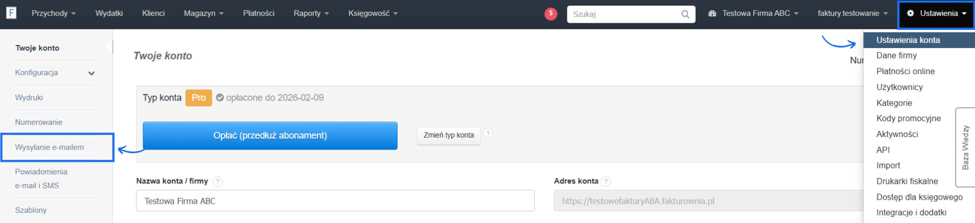 Ustawienia konta w systemie do fakturowania online z aktywną opcją wysyłanie faktury e-mailem.