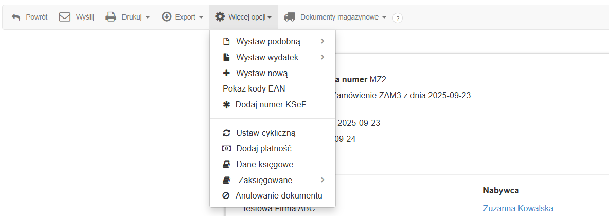 Opcje dostępne do wyboru z poziomu wystawionego dokumentu modyfikacja zamówienia.