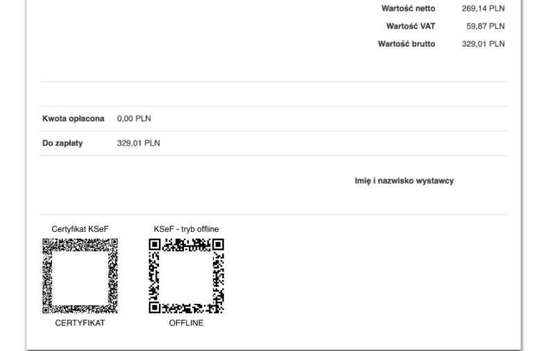 Faktura wystawiona w KSeF w trybie offline z 2 kodami QR: certyfikatem i oznaczeniem offline.