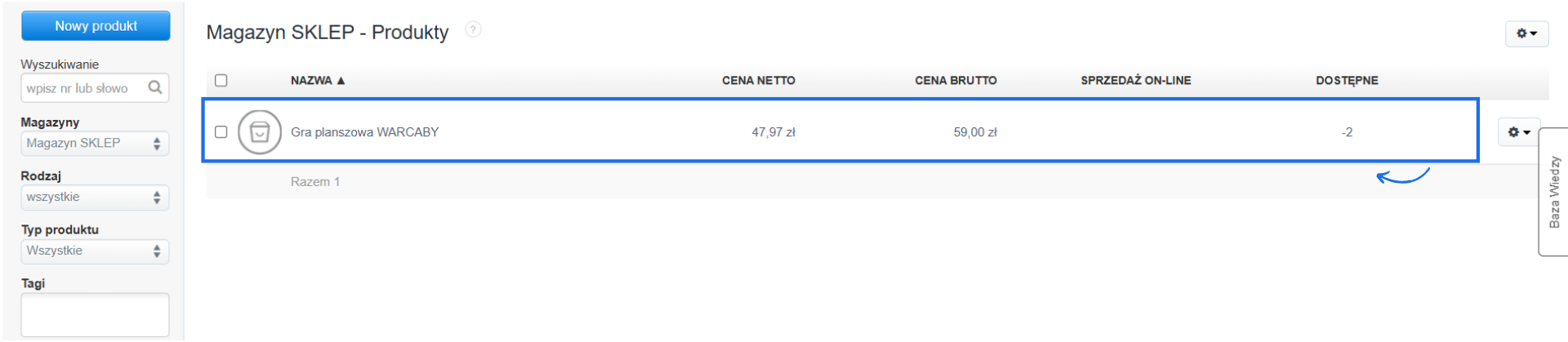 Lista produktów w systemie do fakturowania online wskazująca na produkty spełniające warunki ustalone w filtrach.