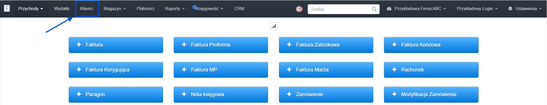 Strona główna systemu Fakturownia z przyciskami do wystawiania dokumentów oraz aktywną zakładką klienci.