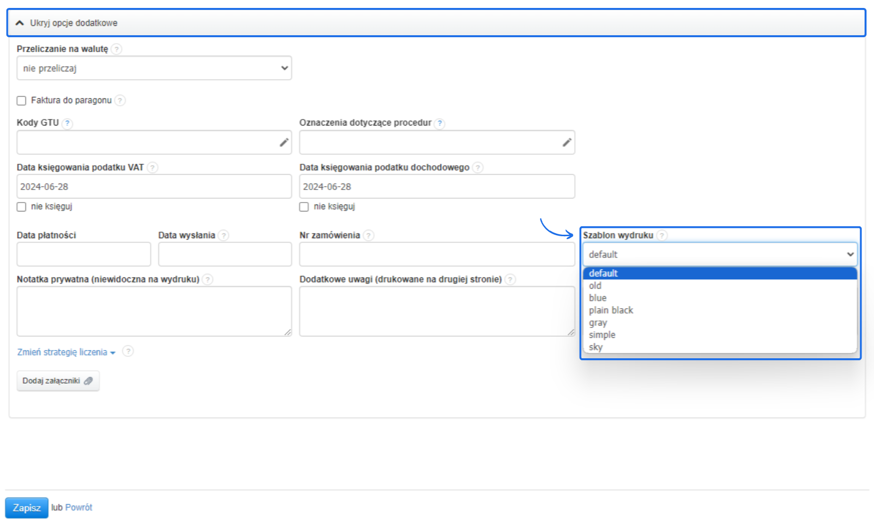 Formularz faktury z rozwijanym menu wyboru szablonu wydruku, datą księgowania podatku, polami na notatki, datą płatności i przyciskiem 'Zapisz'.