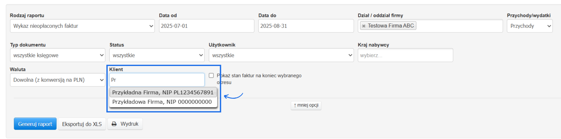 Dodatkowe parametry możliwe do ustawienia przy generowaniu raportu jak typ dokumentu, status oraz aktywna opcja wyboru klienta.