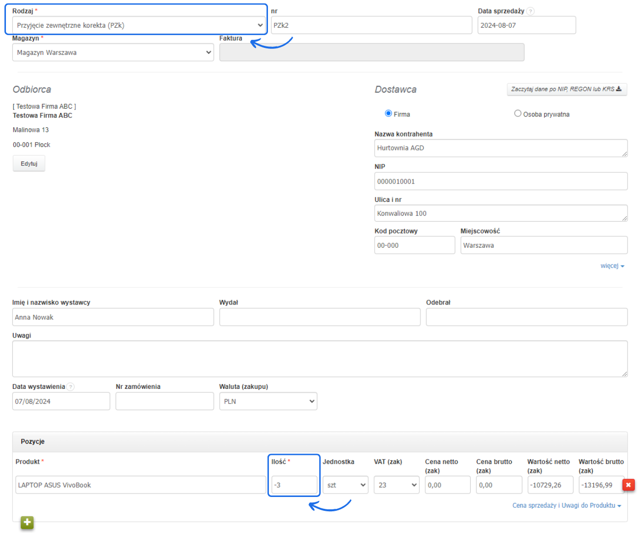 Formularz przyjęcia zewnętrznego korekty (PZk) dla magazynu Warszawa, wprowadzającego korektę dla 3 szt. laptopów ASUS VivoBook z fakturą.