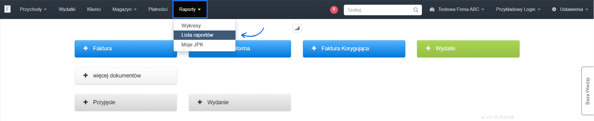 Strona główna konta w Fakturowni z menu głównym oraz dedykowanymi przyciskami do tworzenia dokumentów oraz aktywną zakładką raporty.
