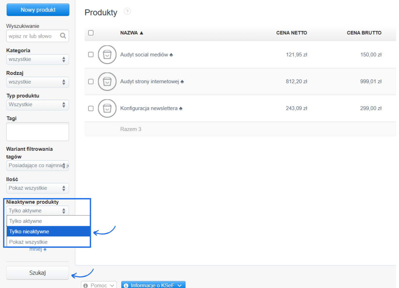 Filtr nieaktywne produkty na liście produktów z opcją wyboru między produktami aktywnymi, nieaktywnymi oraz pełną listą.