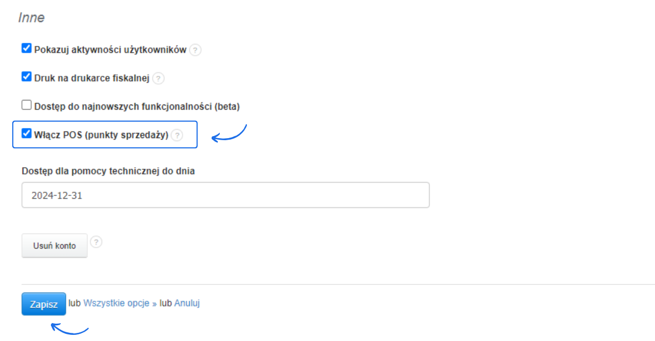 Ustawienia konta w systemie Fakturownia z aktywnymi aktywnościami użytkowników oraz włączoną funkcją POS, czyli punkty obsługi sprzedaży.