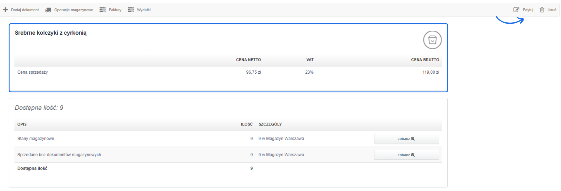 Karta produktu 'Srebrne kolczyki z cyrkonią' zawierająca cenę netto 96,75 zł, VAT 23%, cenę brutto 119,00 zł oraz dostępne ilości w magazynie.