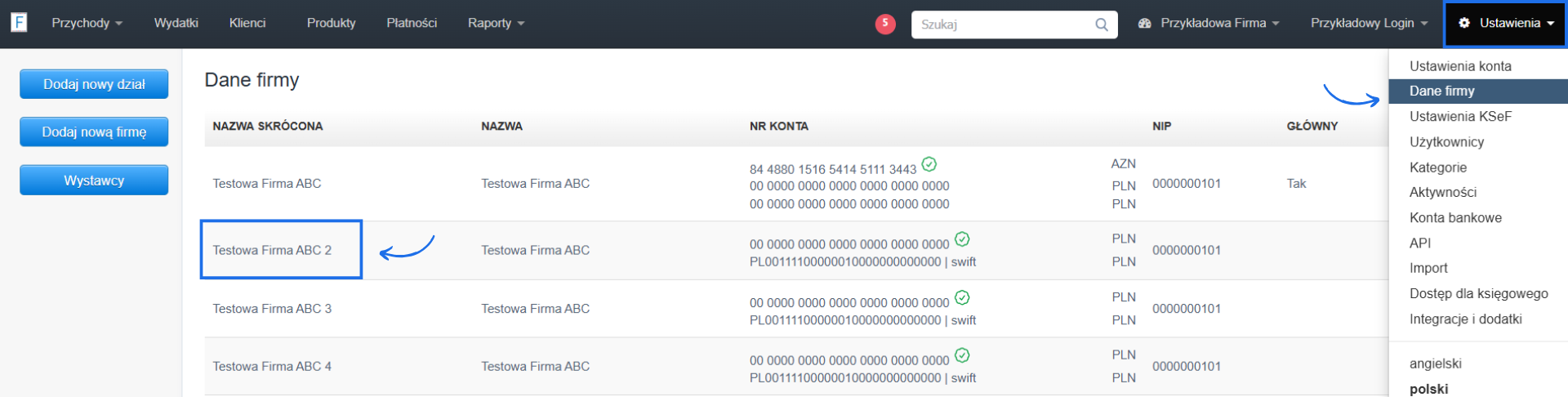 Lista działów na koncie w systemie Fakturownia z aktywną zakładką Ustawienia i działem testowym.