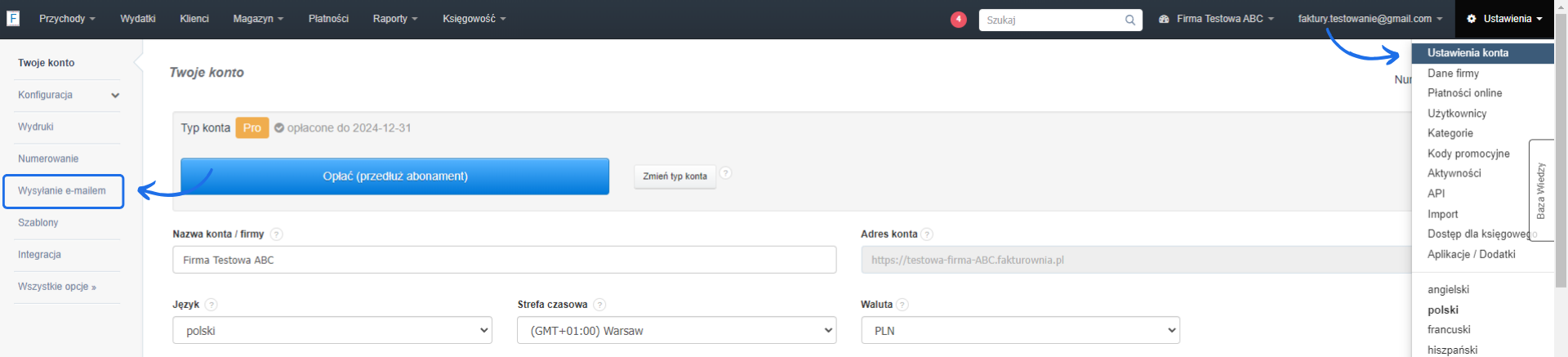 Ekran ustawień konta Pro w systemie faktur online z nazwą firmy i adresem email w języku polskim.
