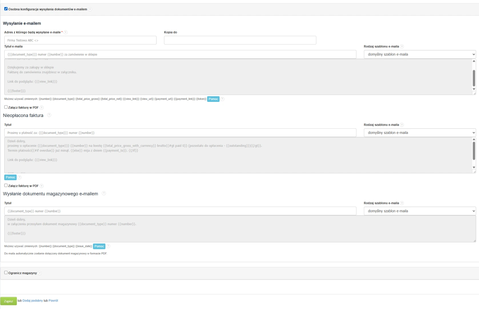 Formularz konfiguracji wysyłki e-mail dla działu firmy – szablony wiadomości, tytuły, treści oraz opcje załączników PDF.