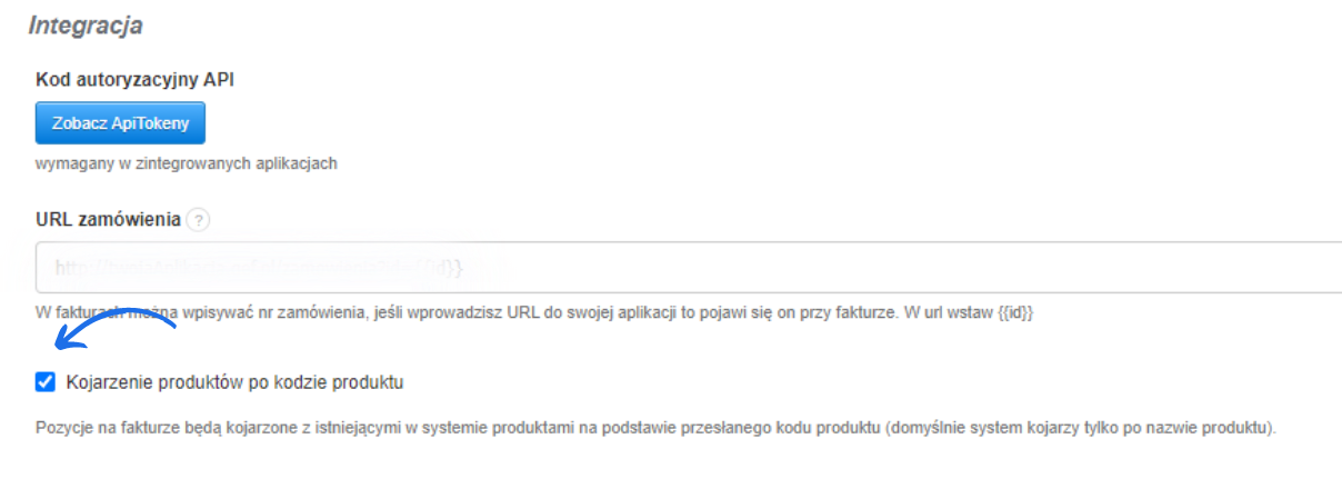 Sekcja integracji z zaznaczoną opcją kojarzenia produktów po kodzie produktu w systemie fakturowym.