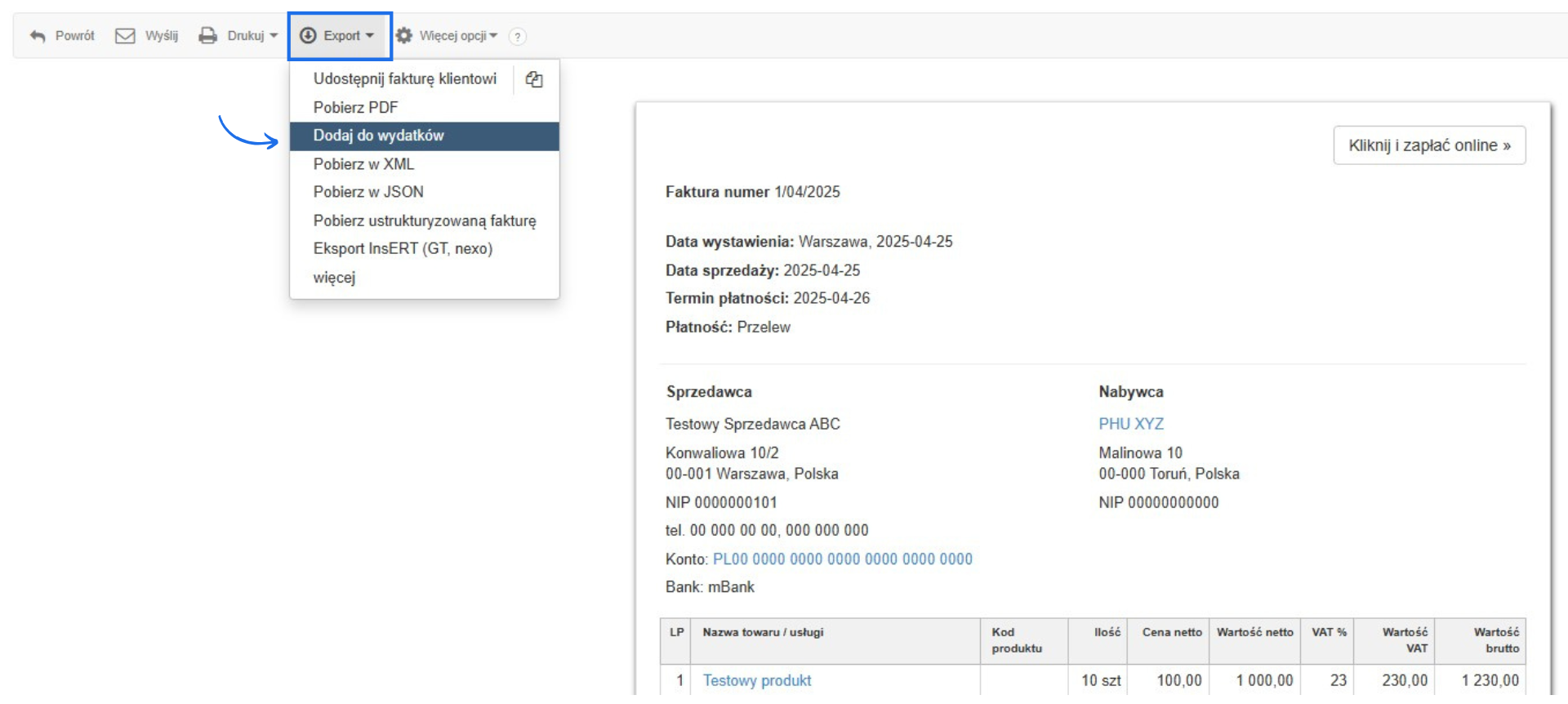 Ekran przedstawiający rozwinięte menu „Export” z opcją „Dodaj do wydatków” w podglądzie faktury sprzedażowej w Fakturowni.