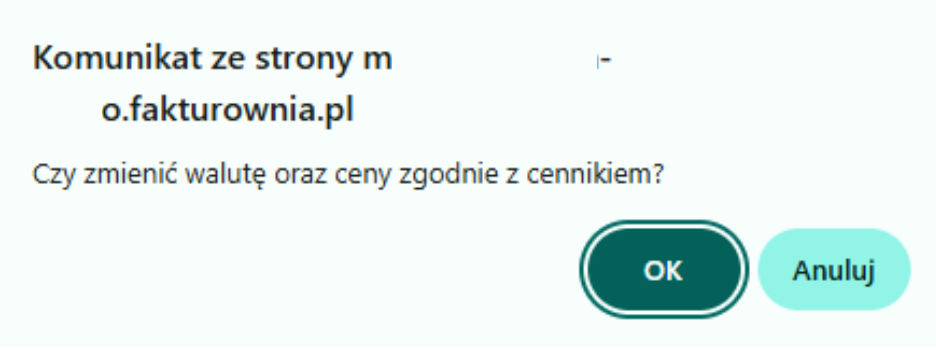Komunikat systemowy widoczny przy próbie zaczytania cennika na formularzu faktury lub klienta z przypisanym cennikiem.