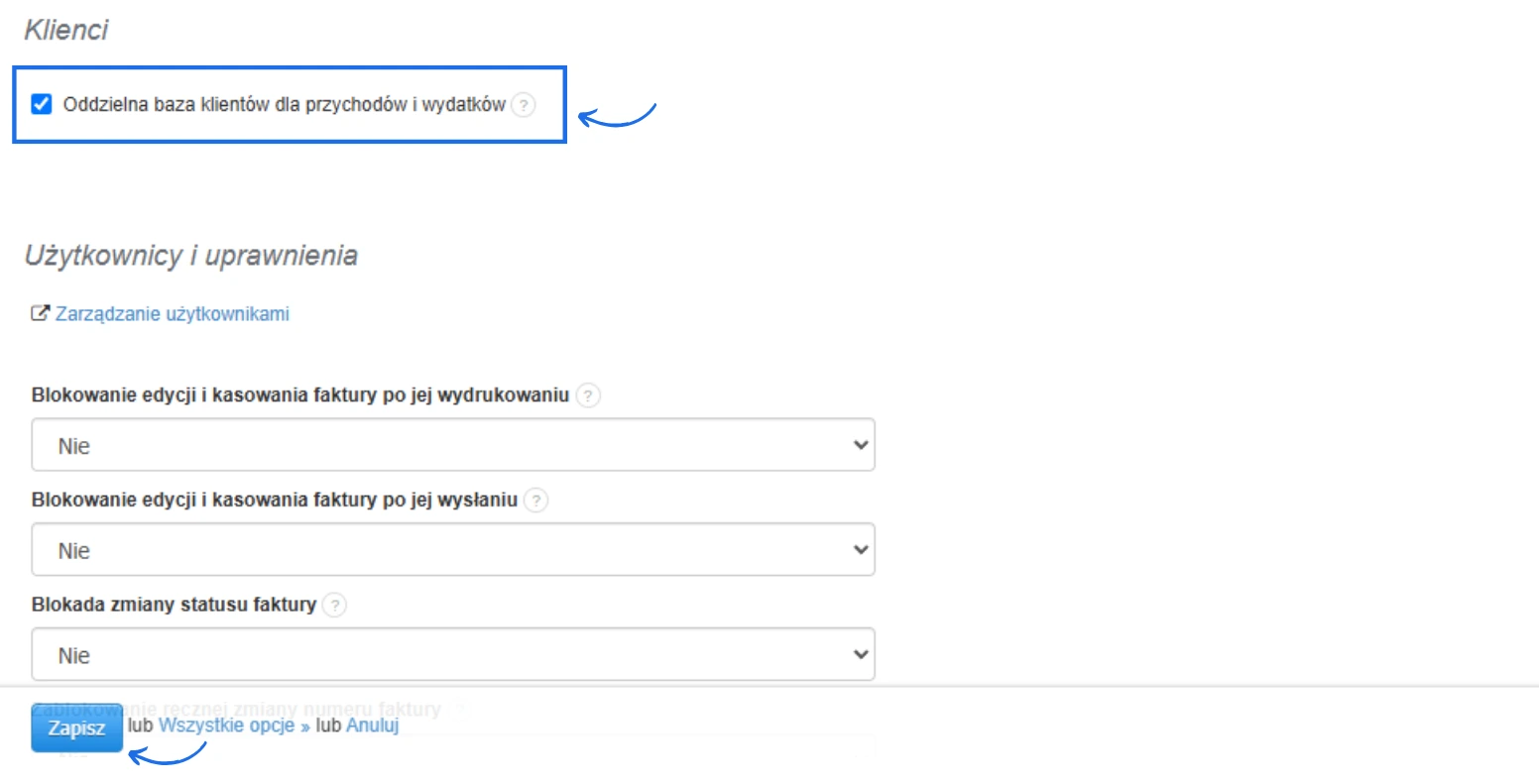 Ekran ustawień z zaznaczoną opcją „Oddzielna baza klientów dla przychodów i wydatków” oraz przyciskiem Zapisz.