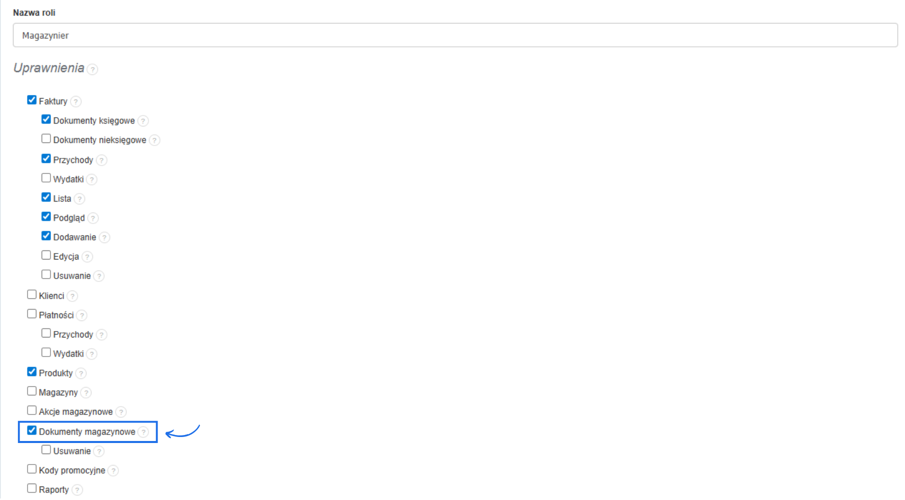 Lista uprawnień dostępna do wyboru przy tworzeniu własnej roli z aktywną opcją dostępu do faktur i dokumentów magazynowych.