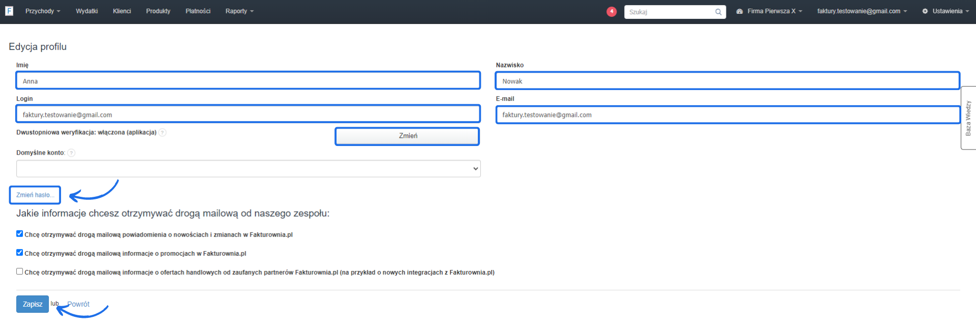 Formularz edycji profilu użytkownika z możliwością aktualizacji danych takich jak imię, nazwisko, e-mail, login, hasło czy zgody marketingowe.
