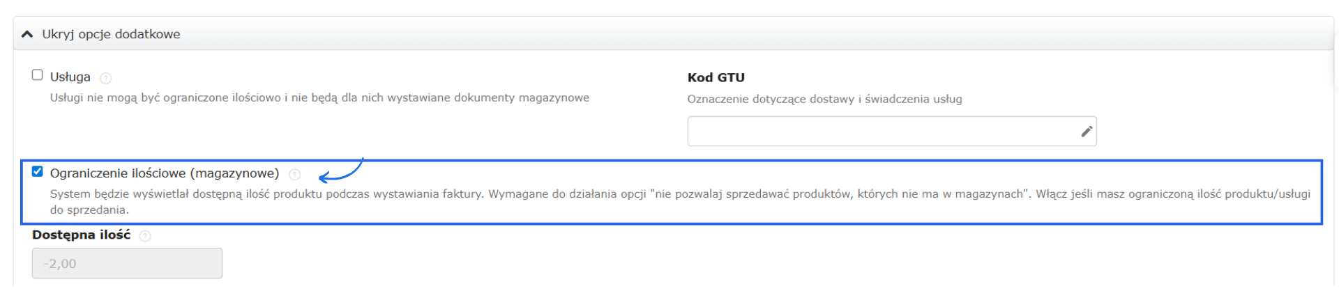 Ustawienia ograniczenia ilościowego w edycji karty produktu w Fakturowni.