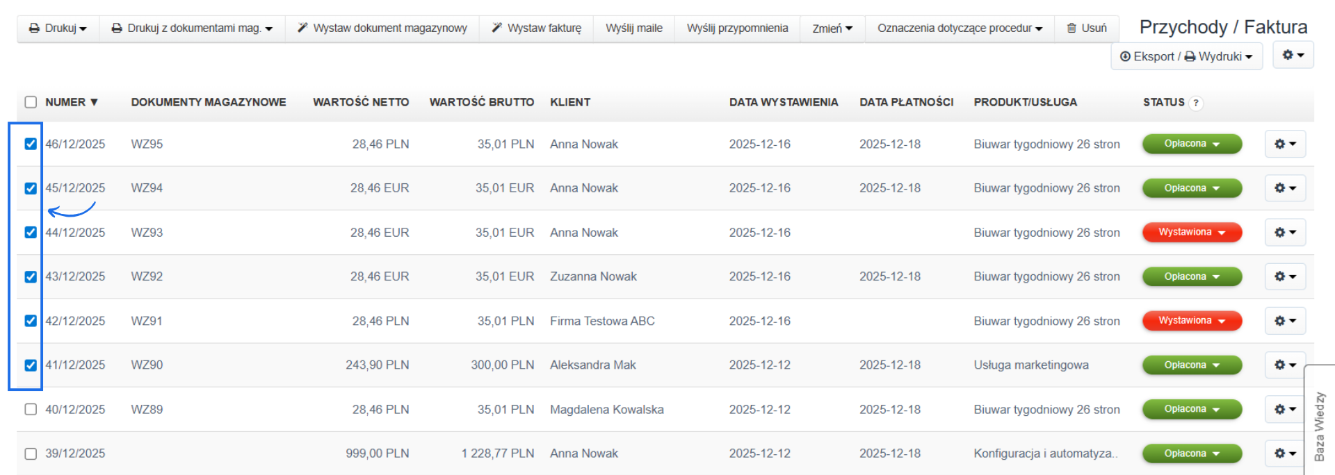 Lista faktur sprzedażowych w systemie do fakturowania online z zaznaczonymi checkboxami przy wybranych dokumentach.
