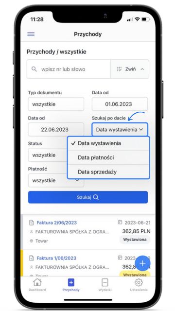Aplikacja mobilna Fakturowni – ekran filtrowania przychodów z rozwijanym menu wyboru typu daty: wystawienia, płatności lub sprzedaży.