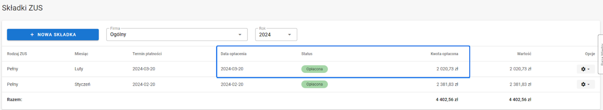 Lista opłaconych składek ZUS za styczeń i luty 2024 z datami opłacenia oraz łączną kwotą.