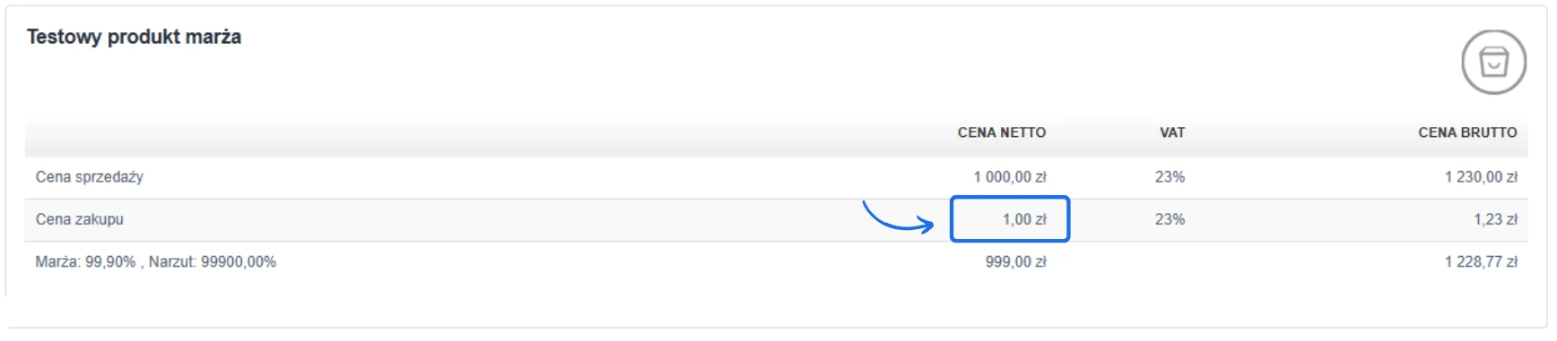 Testowy produkt marża' z ceną sprzedaży 1 000,00 zł netto i ceną zakupu 1,00 zł netto, pokazująca marżę 99,90%.