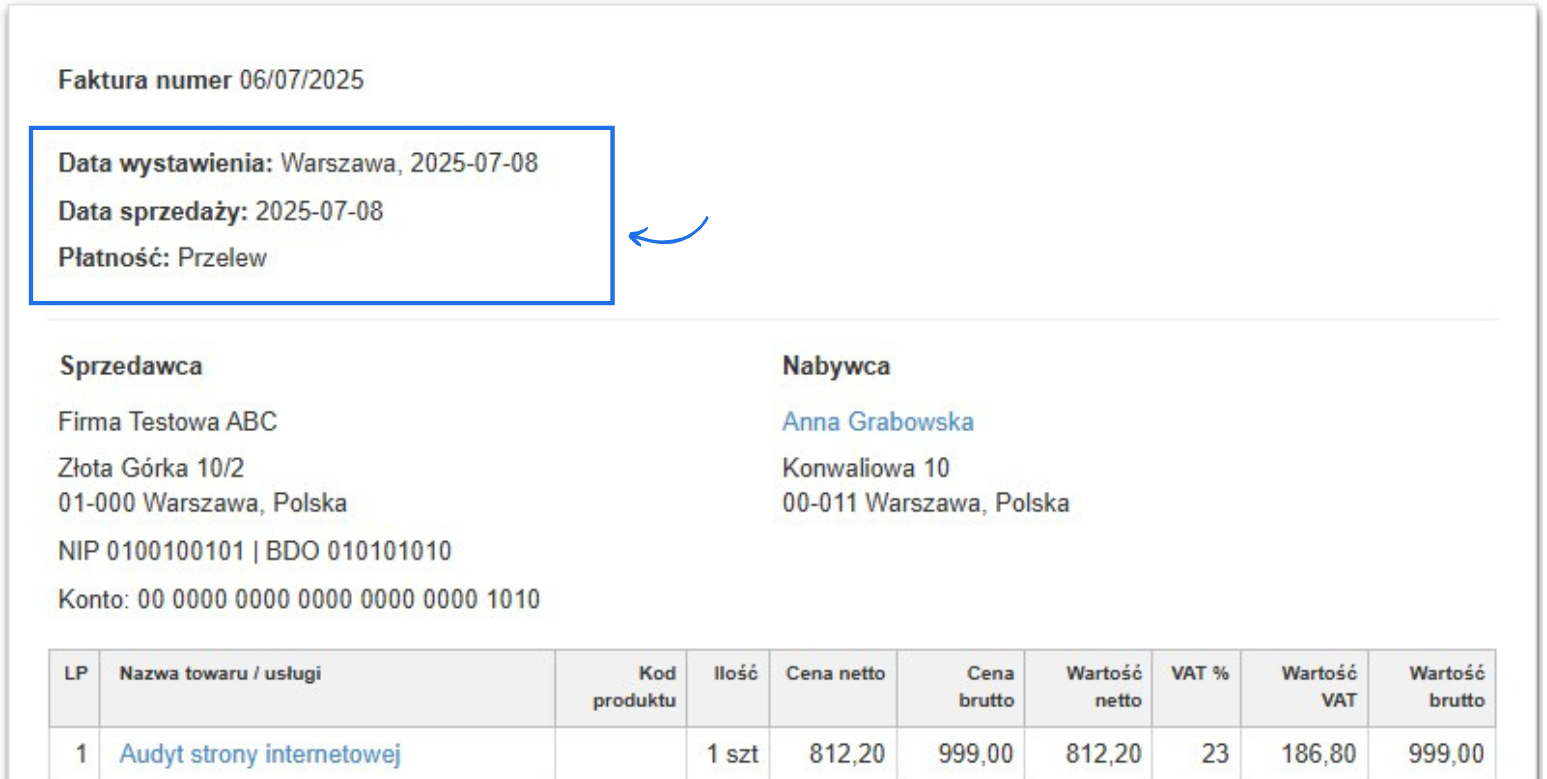 Przykładowa faktura sprzedaży utworzona na podstawie pliku importu bez terminu płatności.