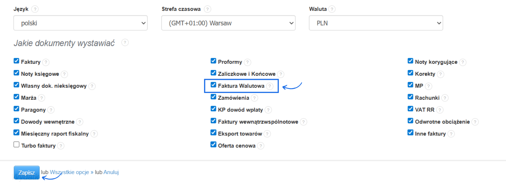 Ustawienia konta w systemie Fakturownia z sekcją do aktywacji typów dokumentów dostępnych do wystawiania na koncie.