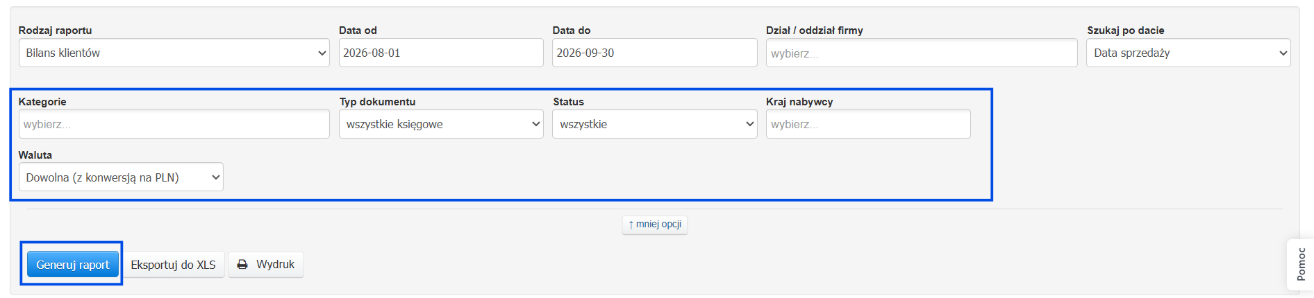 Dodatkowe filtry w raporcie bilans klientów takie jak kategorie, typ dokumentu, status, kraj nabywcy czy waluta.
