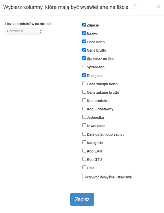 Ustawienia kolumn listy produktów w Fakturownia – widoczne opcje: zdjęcie, nazwa, cena, dostępność, sprzedaż online.