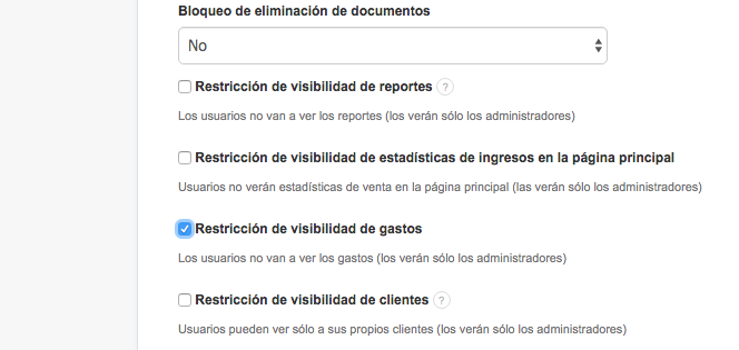 restricción de visibilidad de los gastos para usuarios