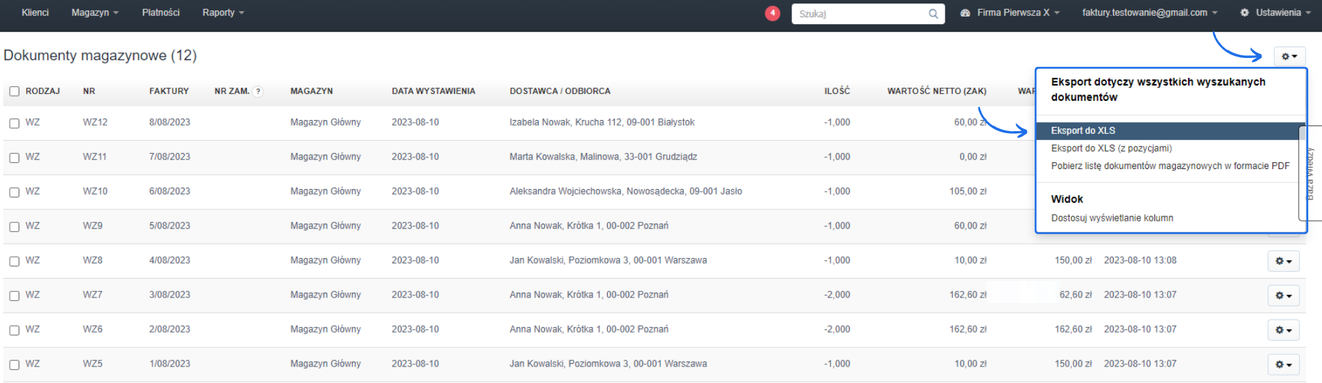 Widok listy dokumentów magazynowych z aktywną zakładką menu podręcznego i dostępnymi opcjami eksportu oraz personalizacji listy. 
