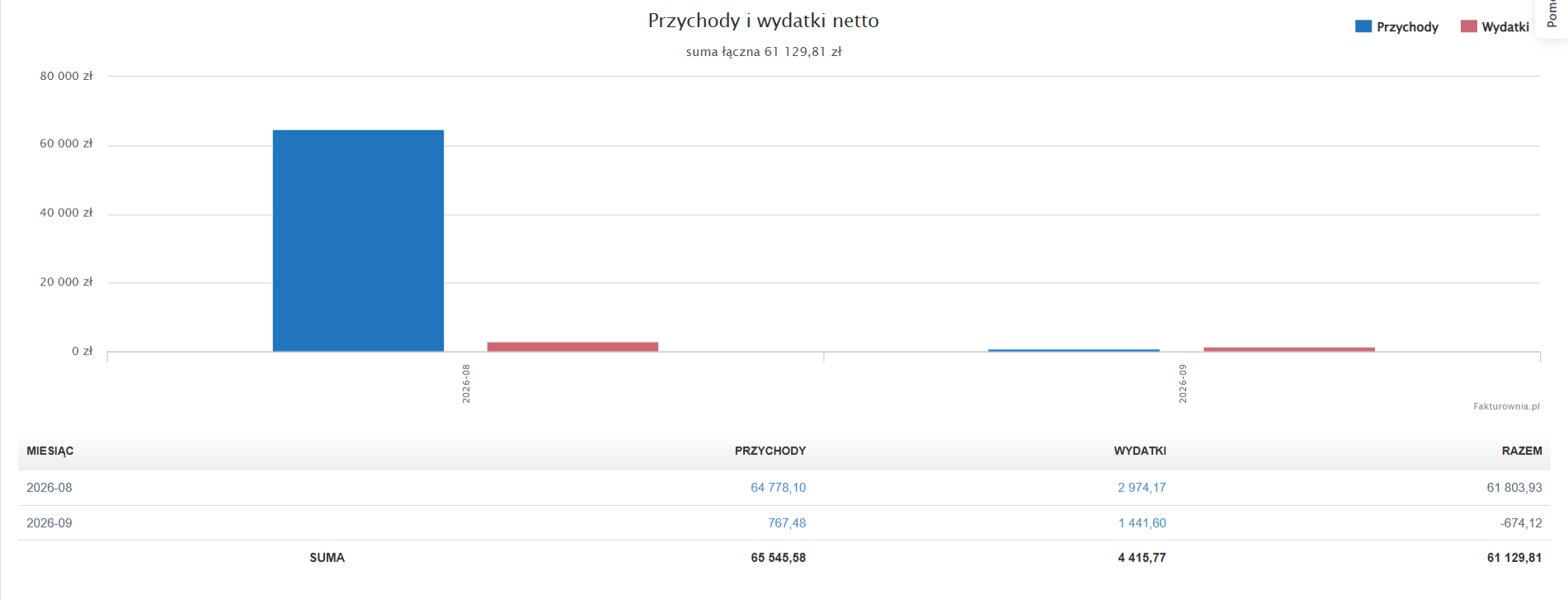 Przykładowe dane w raporcie przychody i wydatki w postaci wykresów słupkowych i tabeli.