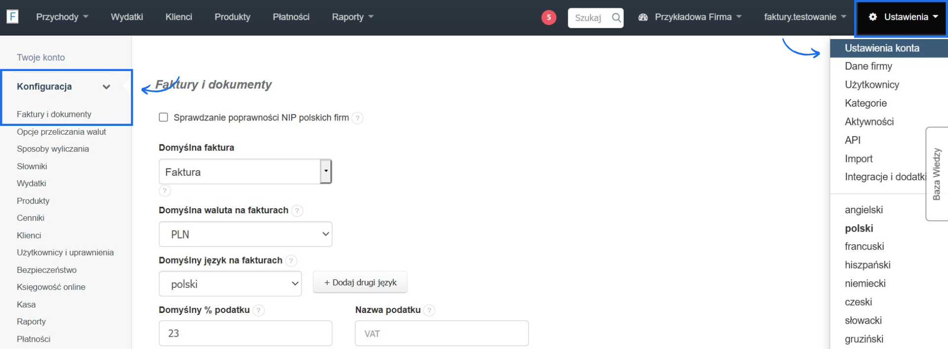 Strona główna konta w systemie do fakturowania online z aktywną zakładką ustawień.