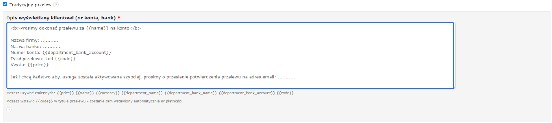 Instrukcje dla klientów do przelewu tradycyjnego z danymi konta bankowego, tytułem przelewu i kwotą do zapłaty.