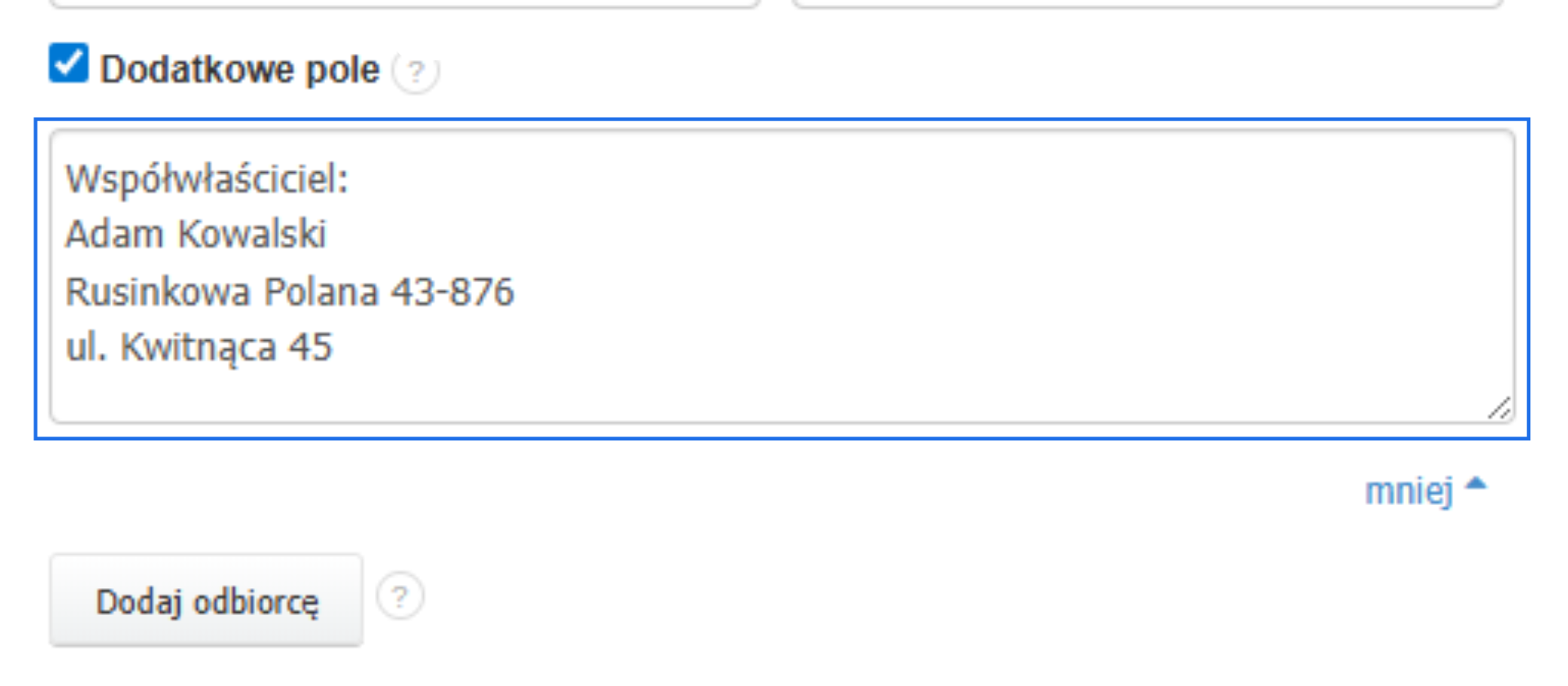 Zaznaczone dodatkowe pole z wpisanym tekstem o współwłaścicielu Adamie Kowalskim i dwoma adresami