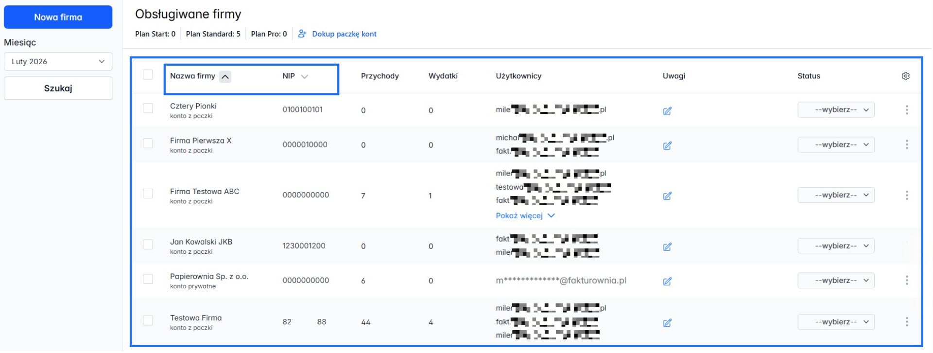Lista obsługiwanych firm w panelu biura z domyślnymi kolumnami i opcją filtrowania dla kolumn nazwa firmy i NIP.