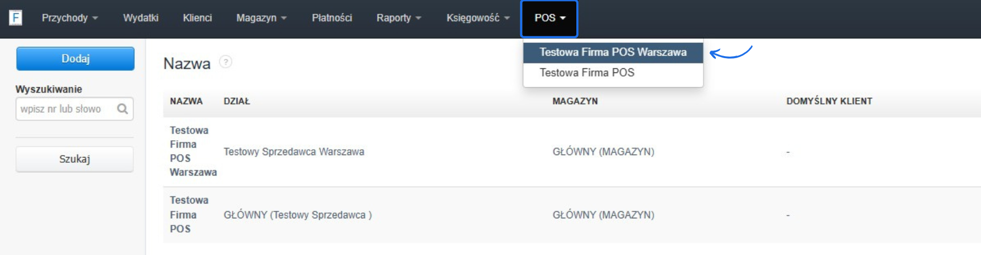 Lista punktów sprzedaży (POS) w systemie fakturowania. Menu wyboru POS z zaznaczoną opcją 'Testowa Firma POS Warszawa'.