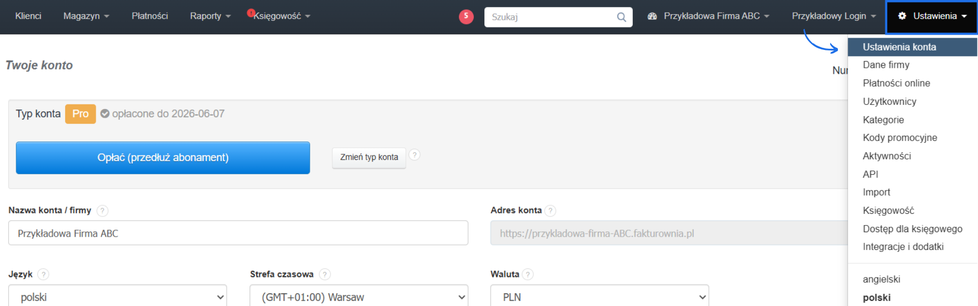 Ustawienia konta z aktywną zakładką Twoje konto, informacjami o aktywnym planie i nazwie konta.