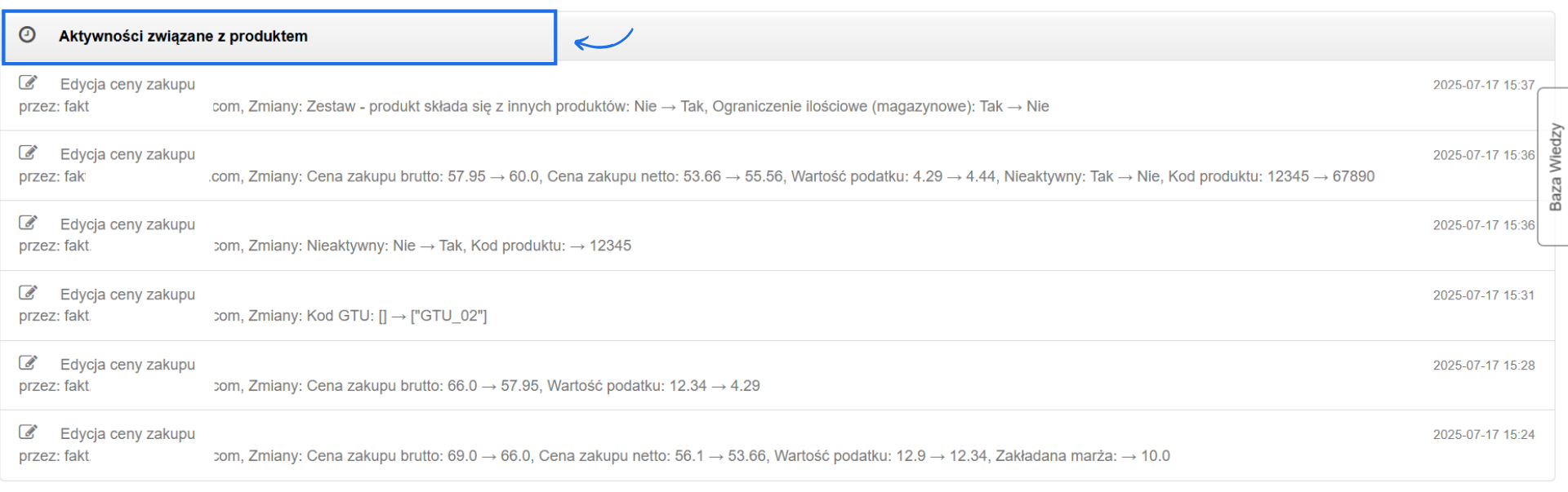 Sekcja aktywności dla produktu dostępna w podlądzie karty produktu w systemie do fakturowania online z widoczną historią zmian.