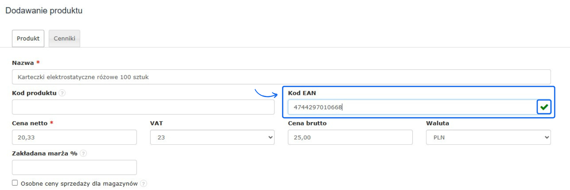 Dodawanie produktu z kodem EAN w Fakturowni – widok formularza z uzupełnionym polem EAN i cenami produktu. Kod EAN prawidłowy.
