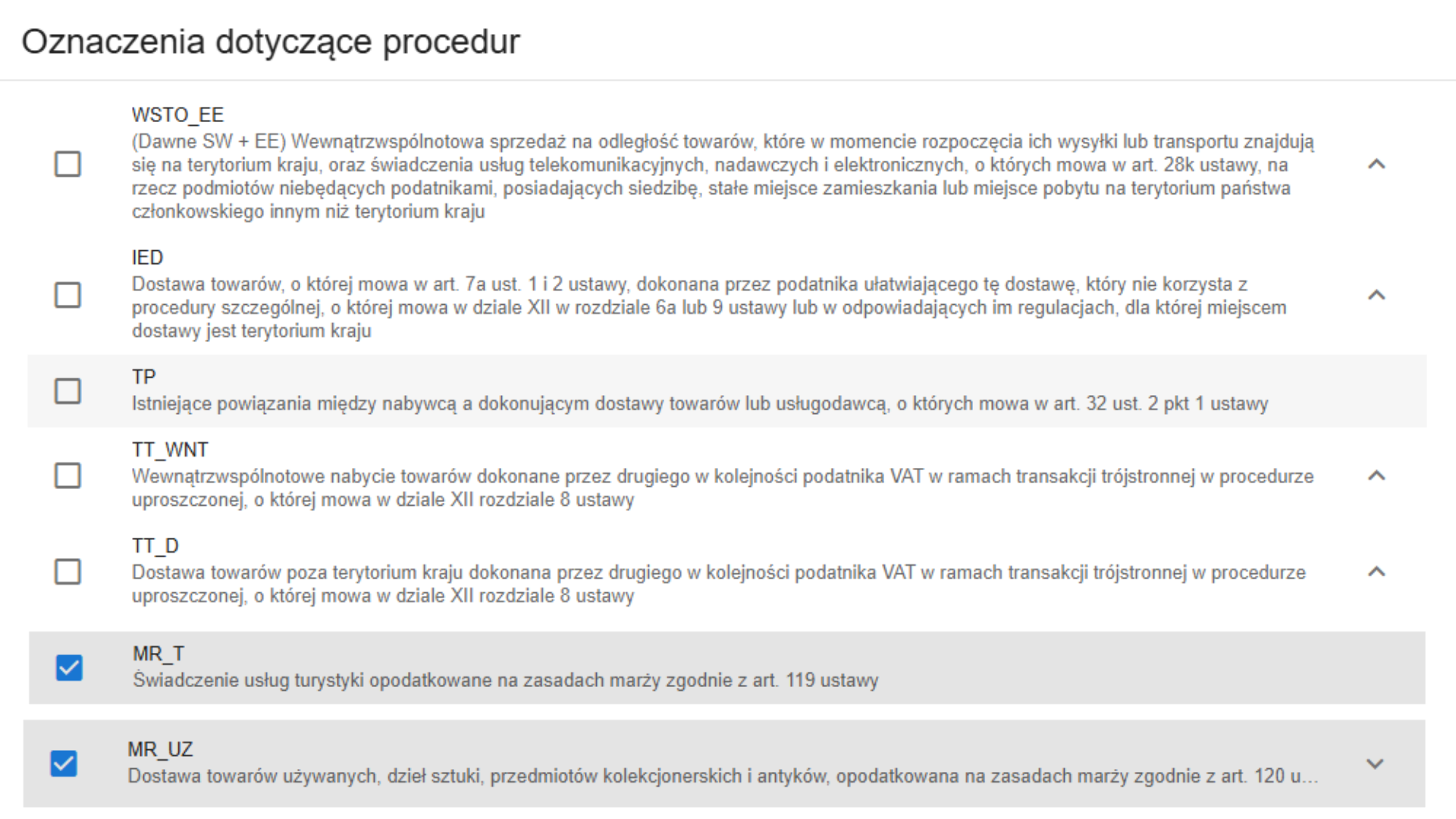 Lista oznaczeń procedur VAT na fakturze, z zaznaczonym MR_T i MR_UZ dotyczącymi marży i towarów używanych.