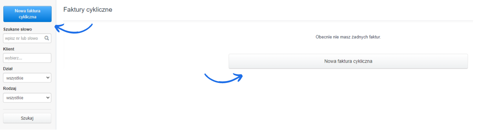 Interfejs użytkownika do zarządzania fakturami cyklicznymi z przyciskiem 'Nowa faktura cykliczna'.