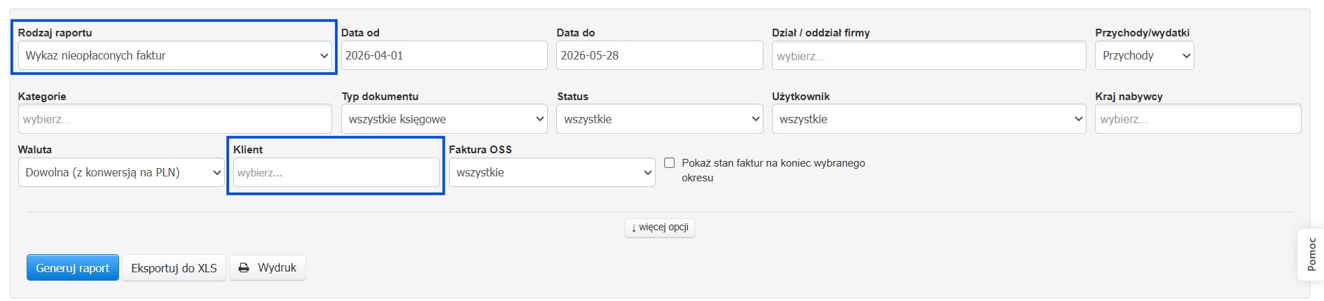 Raport wykaz nieopłaconych faktur z opcją wyszukiwania po kliencie.